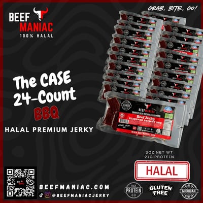 Beef Maniac BBQ halal beef jerky — 24-count wholesale case
