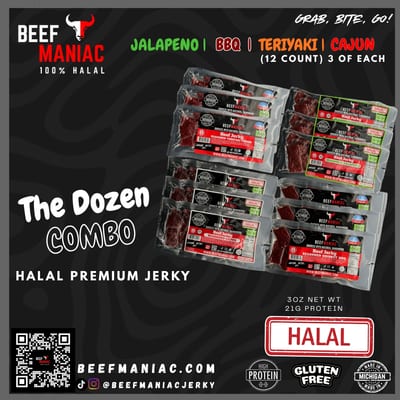 The Dozen Sampler — 12-pack halal beef jerky, 3 of each flavor